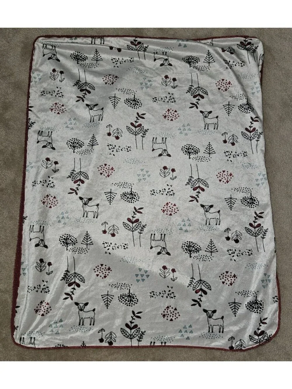 Chick Pea Fleece Sherpa Baby Blanket White Raspberry Woodland Deer Leaves